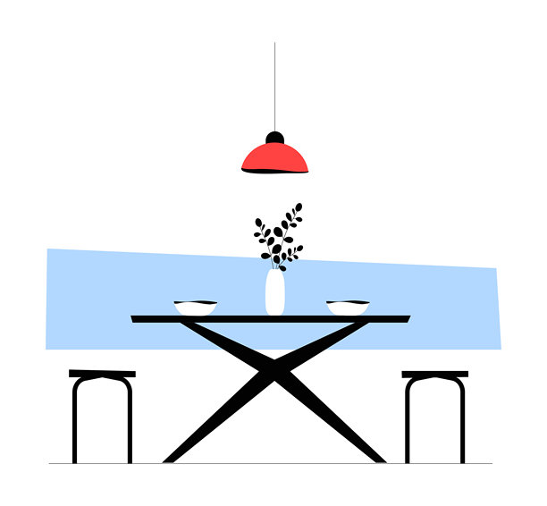 平面矢量插图展示的餐桌布置，象征家庭用餐、餐厅内部、聚餐和款待，背景为白色。图片下载