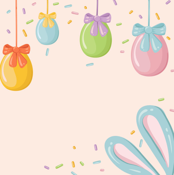复活节主题的明信片，包含兔耳、五彩缤纷的彩蛋、花朵和柳枝。适合复活节问候的图片。图片下载
