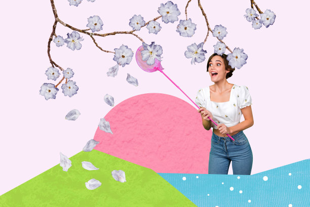 惊讶而快乐的女孩手持渔网，捕捉飞舞的花瓣和树枝上的花朵，背景为手绘风格的拼贴画。图片下载