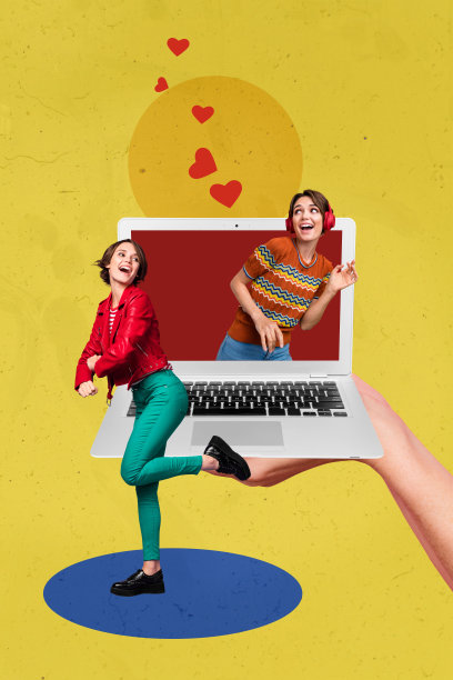 手持MacBook的视频博主跳舞女孩的垂直照片拼贴，订阅者重复点赞，心形图案，互联网元素，背景为涂鸦风格。图片下载