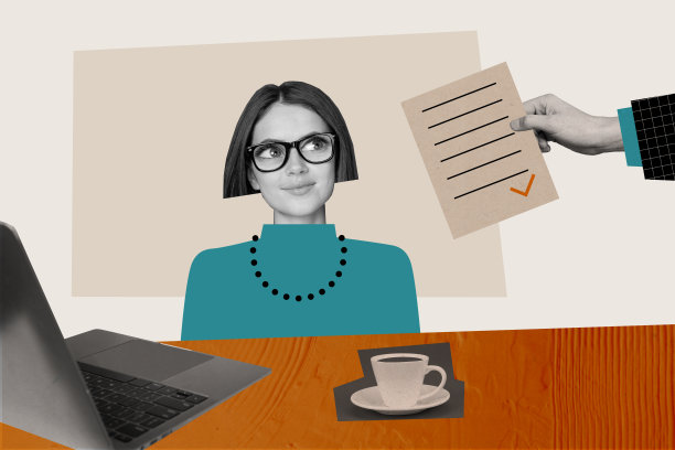 手拿纸质宣传单的快乐女孩在工作场所，咖啡杯和MacBook，独自在涂鸦背景前的拼贴照片。图片下载