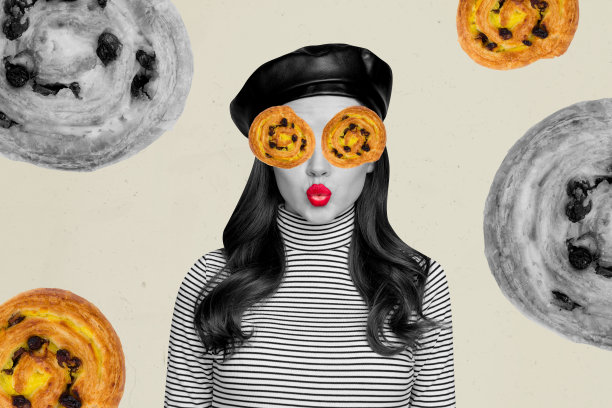 搞笑女孩的拼贴照片，涂着红色口红，做着鸭子脸，戴着贝雷帽，眼睛是面包店的泡芙，背景是涂鸦风格的画。图片下载