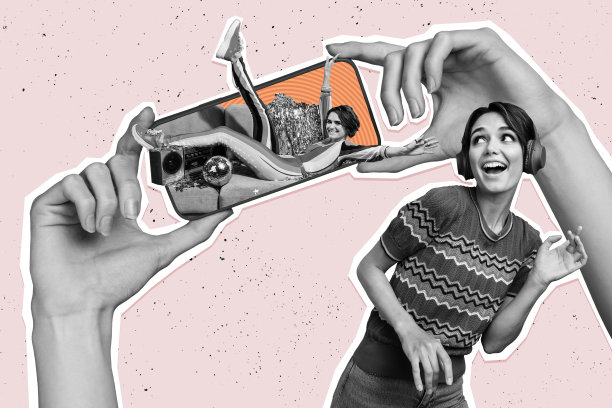 快乐女孩佩戴耳机享受音乐，手持iPhone拍照，背景为涂鸦风格的合成照片拼贴。图片下载