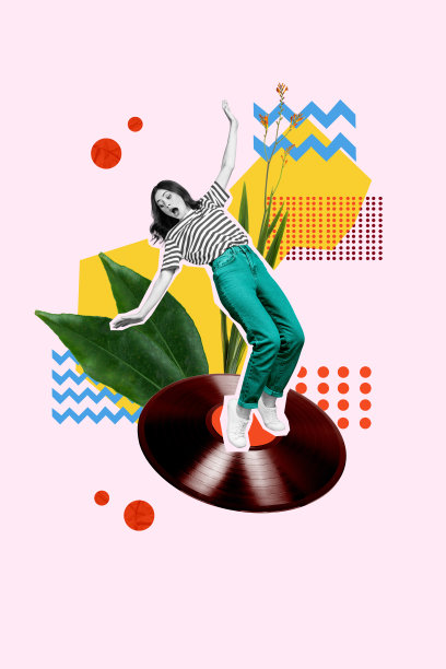 黑白剪影年轻女士在巨大的黑胶唱片上震惊地跳舞的3D照片拼贴艺术作品图片下载