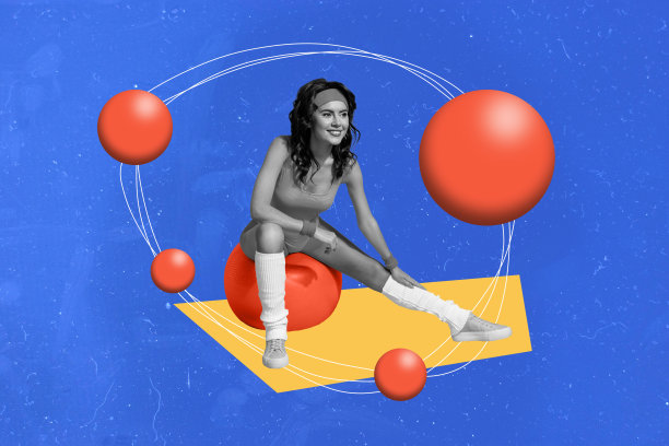 复古风格的3D拼贴图，描绘了一位搞笑女性在普拉提球上伸展的有趣锻炼场景，充满乐趣，适合广告漫画杂志，风格简约。图片下载