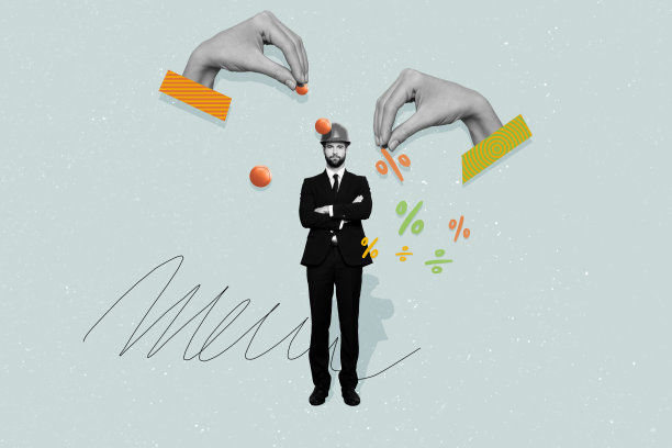 创意图片拼贴，年轻严肃的男商人穿着正装，手中持有黄金硬币，身体部分与绘画背景结合。图片下载