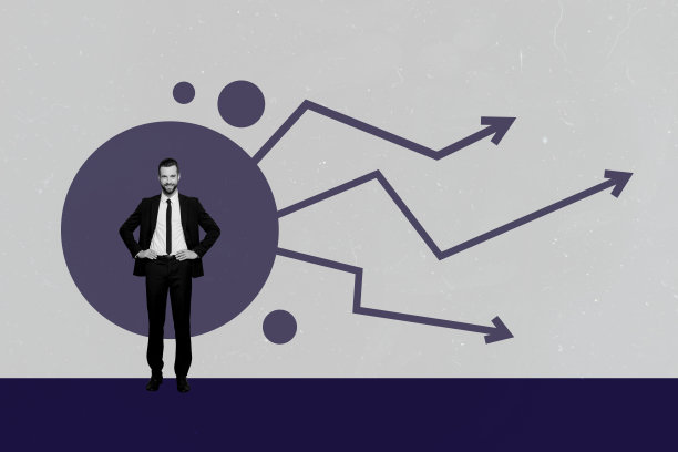 年轻自信的办公室经理的3D照片拼贴，展示了统计数据、箭头、增长、项目开发、战略方向。图片下载