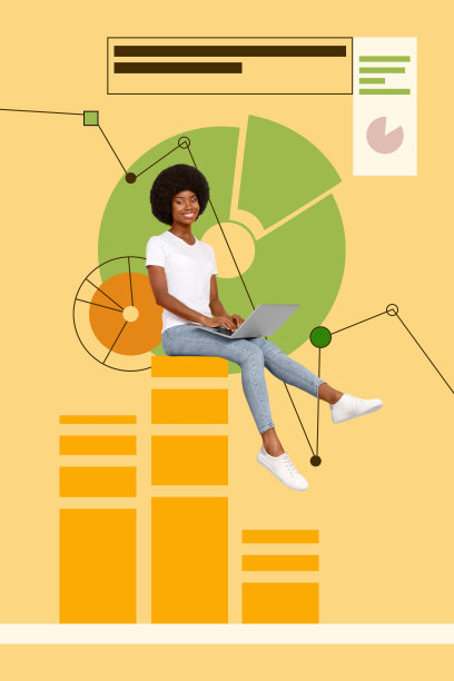 黑白剪影年轻女性办公室经理坐在统计平台上，手持笔记本电脑的综合趋势艺术作品草图照片拼贴。图片下载