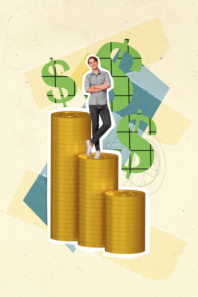 快乐商人站在一起的垂直照片拼贴，堆叠增加收入的金币和美元，象征财富与富裕，背景为涂鸦风格。图片下载