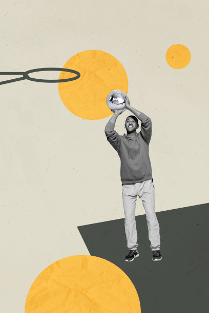 年轻运动男士在打篮球时手中握着一个迪斯科球而不是篮球的3D照片拼贴艺术作品草图图片下载