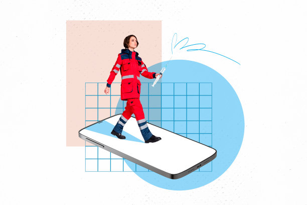 严肃女性手持iPhone屏幕的合成照片拼贴，注射紧急工作者服务帮助，背景为涂鸦风格。图片下载