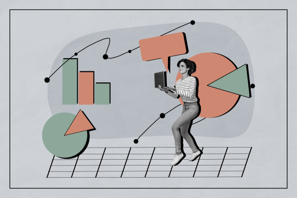 创意照片拼贴，年轻女性自由职业者在远程工作，使用笔记本电脑进行信息图表、商业项目管理和统计结果分析。图片下载