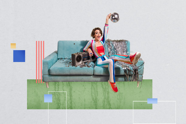 疯狂快乐的女人在创意3D背景下享受周末星期五派对的拼贴照片图片下载