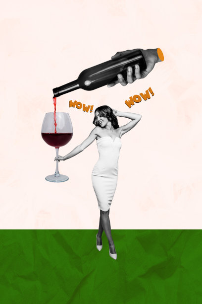 垂直照片拼贴，快乐女孩穿着性感裙子，手持巨大的酒杯和瓶子，倒酒，休息放松，背景为涂鸦风格。图片下载