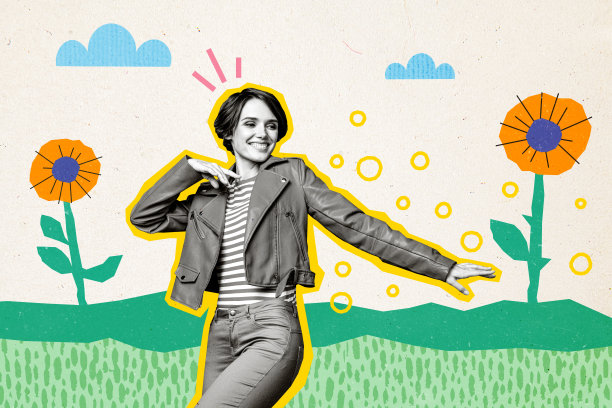 无忧无虑的女士在温暖的天气中跳舞，享受生活，杂志图片素描拼贴，创意背景。图片下载