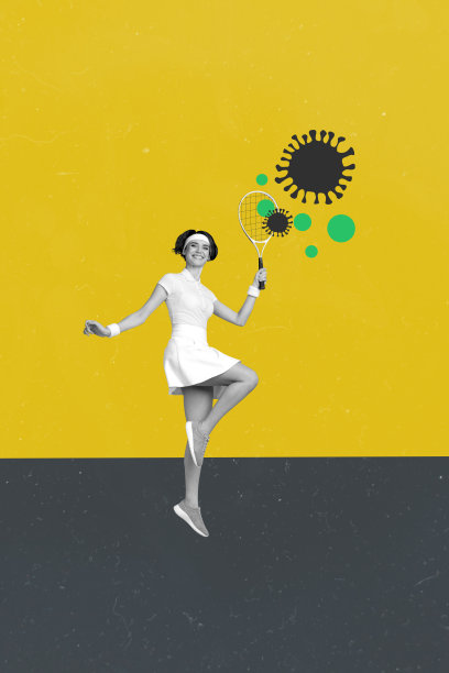 年轻活跃的运动员在户外打网球，使用病毒感染代替网球的复合3D照片拼贴艺术作品图片下载