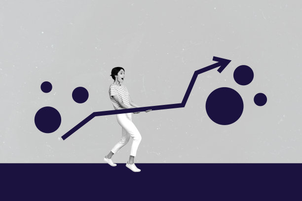 趋势艺术作品复合照片拼贴，黑白剪影年轻女性手持巨大的增长箭头，象征工作晋升。图片下载