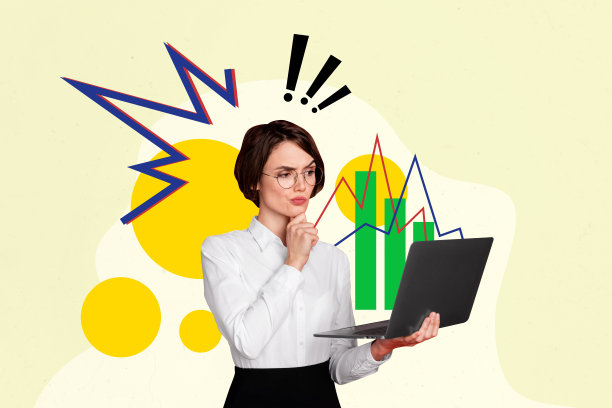 年轻自信的女项目经理手持笔记本电脑，寻找决策的趋势艺术合成素描图像3D照片拼贴。图片下载