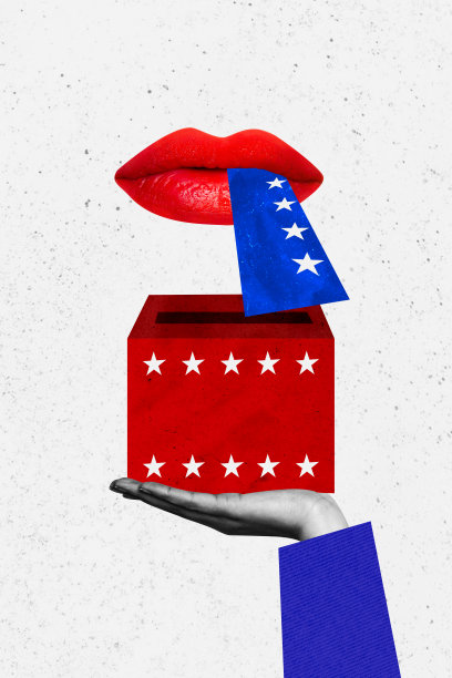 垂直照片拼贴，女人的嘴唇卡通形象，迷幻概念，选举公告放入容器盒中图片下载