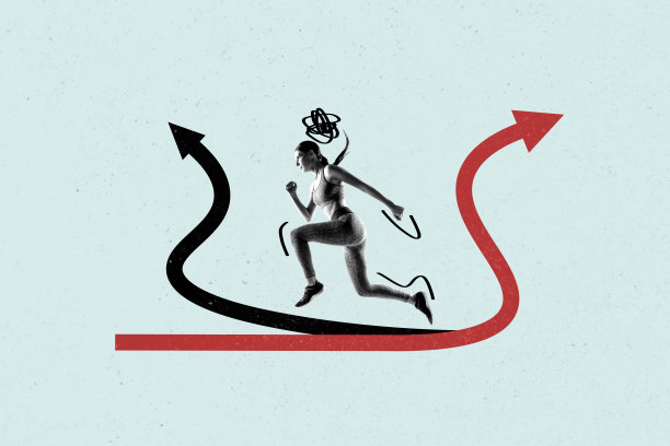 黑白效果的女孩奔跑，箭头指向方向，独立于创意背景的拼贴画图片图片下载