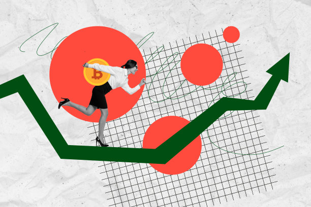 快乐女孩的合成照片拼贴，展示比特币、黄金、加密货币、交易、NFT货币的推广，背景为涂鸦风格。图片下载