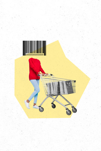 女孩的竖版照片拼贴，头部是条形码，骑着购物车，享受购物爱好，手提购物袋，黑色星期五，背景为涂鸦风格。图片下载