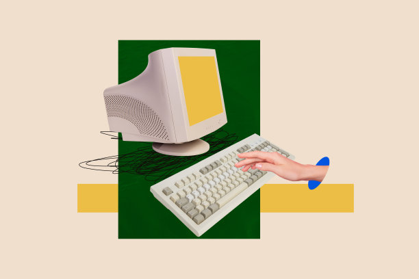 复古电脑显示器屏幕上的手从孔中伸出，触摸打字键盘的草图图像合成照片拼贴。图片下载