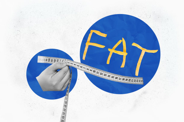 手握测量带检查体型的合成照片拼贴，反映对肥胖刻板印象的问题，减肥饮食，背景为涂鸦风格。图片下载