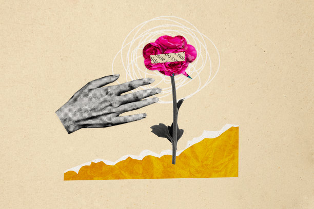 园丁手部护理牡丹花植物的拼贴照片，花卉工作者在保护环境的背景下，孤立于涂漆背景上。图片下载
