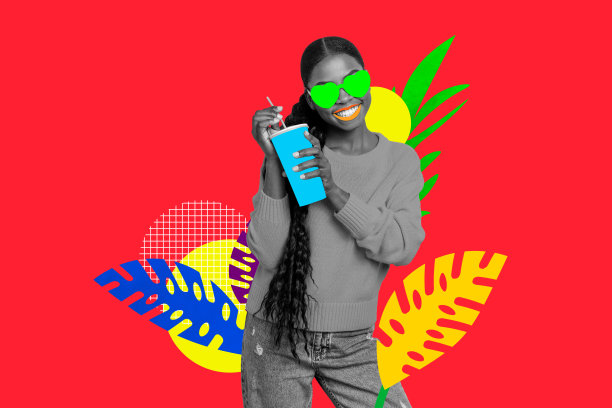 植物、女性、饮用汽水、夏季假期、销售、购物、绘画、幻想、广告牌、漫画、杂志的拼贴画图片，极简风格。图片下载