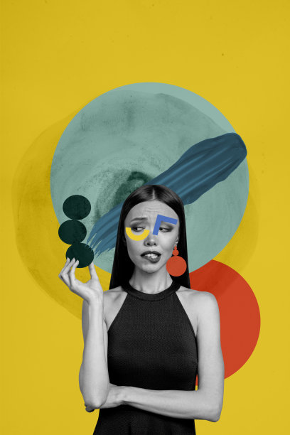 垂直照片拼贴，表现出不满的可爱女孩手持石头餐，想要吃东西，嘴唇咬着，佩戴耳环，背景为涂鸦风格。图片下载