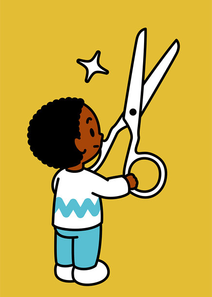 一个可爱的黑人男孩，留着非洲卷发，手持一把大剪刀，微微仰望，三分之四的背面视角，黑色轮廓，平面色彩，极简风格图片下载