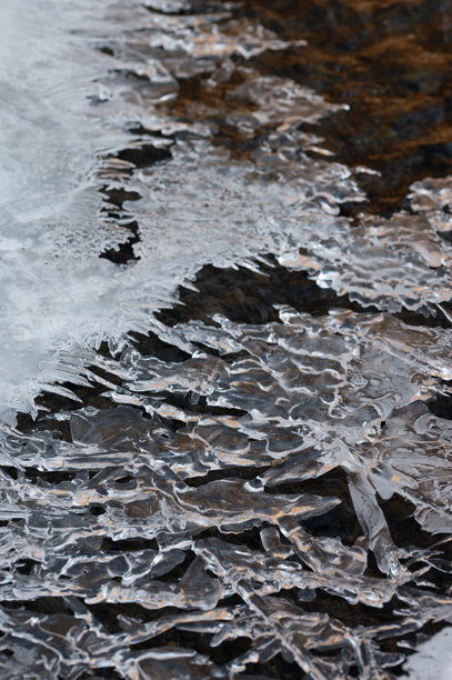 冰冻的溪流和冰的特写照片。自然中的美丽冬季抽象背景。水和冬季的概念。图片下载