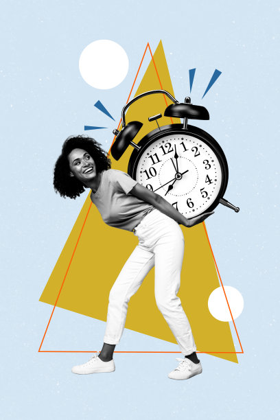 快乐的美国女孩手持巨大的闹钟，展示时间表，早晨守时，垂直照片拼贴，背景为涂鸦风格。图片下载