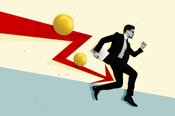 愤怒的男人穿着西装，手持MacBook，奔跑着，图表显示失败和危机，美元硬币下跌，背景为涂鸦风格的合成照片拼贴。图片下载