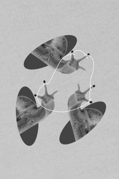 有趣的蜗牛在墙洞里爬行的极简风格照片拼贴艺术，背景为独立的绘画。图片下载