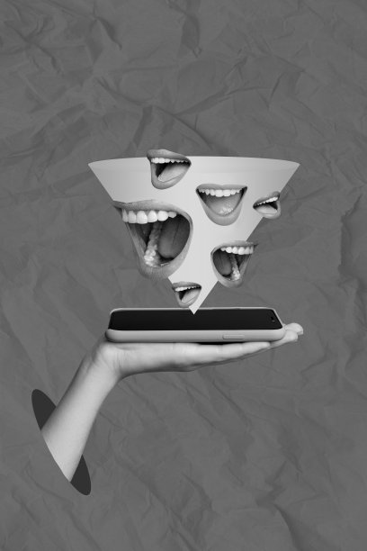 创意照片3D拼贴艺术明信片海报，展示手臂握住电话接收来自粉丝的短信，背景为绘画风格。图片下载