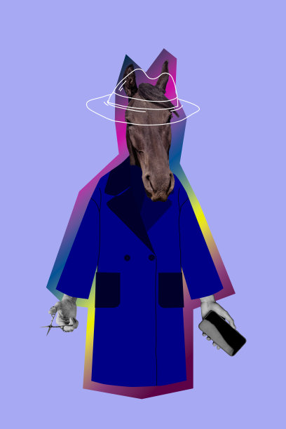 海报图像，垂直照片拼贴，匿名男子穿着马头面具和外套，手持手机和剪刀，发型师，万圣节派对图片下载