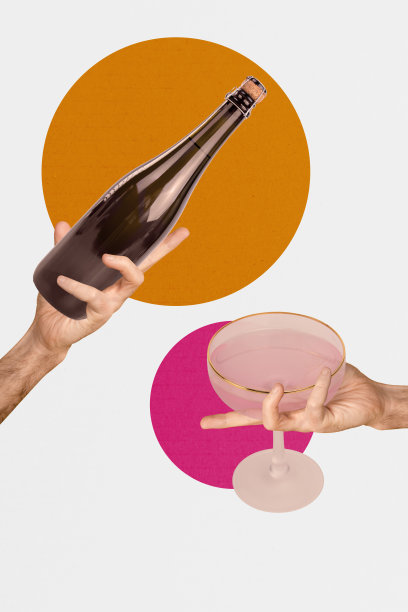 手持香槟酒瓶的3D照片拼贴设计模板，庆祝放松假期饮酒的干杯场景图片下载