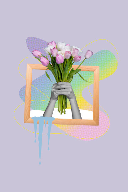 海报图像，垂直照片拼贴，手握春季郁金香花束，庆祝花卉销售，三月惊喜框架图片下载