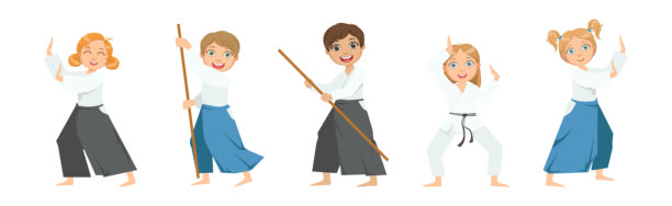 男孩和女孩角色进行跆拳道或柔道锻炼的矢量图集图片下载