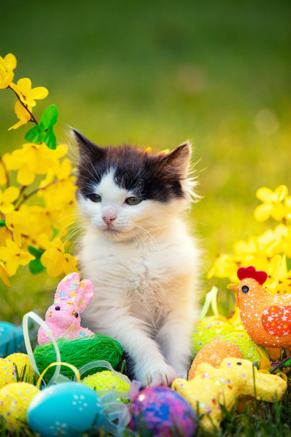 一只有趣的黑白小猫在花园里与彩色复活节彩蛋。竖版照片图片下载