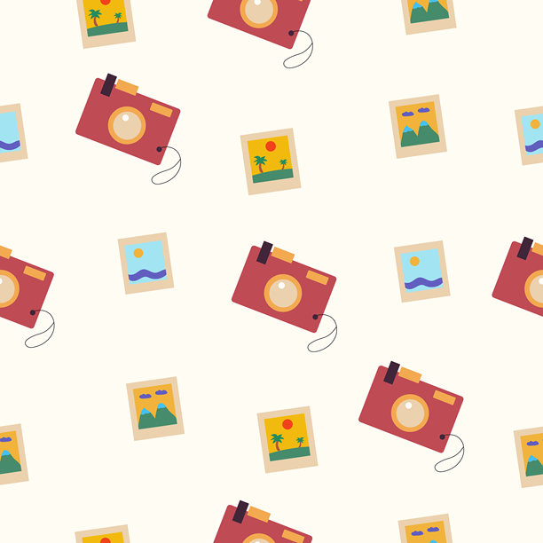 复古相机和旅行回忆图案 一个无缝图案，展示了复古相机和波拉罗风格的风景与海滩照片。图片下载