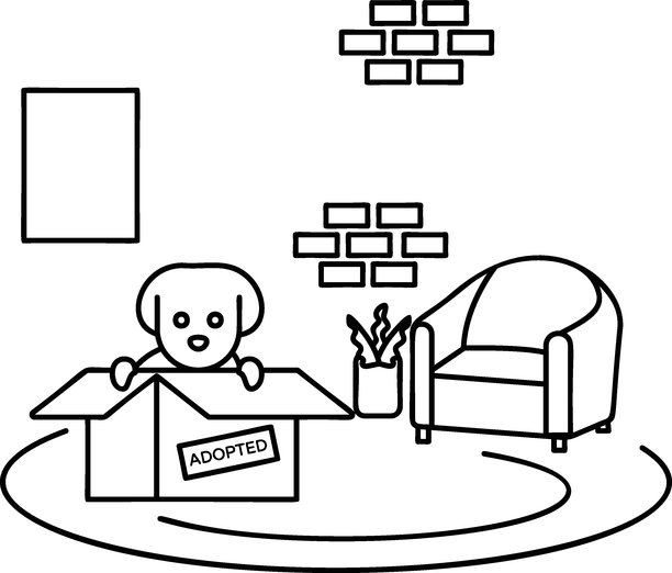 新收养的小狗从盒子里出来的轮廓概念，猫咪好奇地探索新环境，眼睛睁得大大的矢量图，宠物寄养酒店标志，动物犬舍符号，人类与动物互动插图图片下载