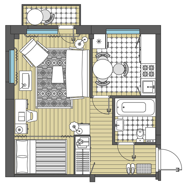俄罗斯标准赫鲁晓夫公寓的建筑平面图。带厨房和卧室的公寓。小房子的俯视图。带家具布局的平面图。室内设计项目。矢量图。图片下载