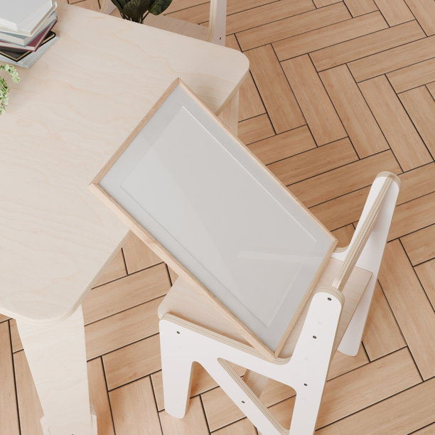 室内框架图片，空白儿童活动室中的木质海报框架，舒适的家居房间，3D渲染插图图片下载