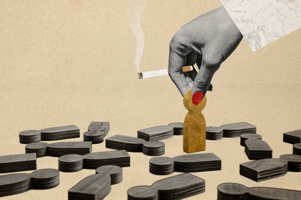 孤独的木制人偶在绘制的背景上躺着，手指尖夹着香烟，构成了一幅末日主题的拼贴照片。图片下载