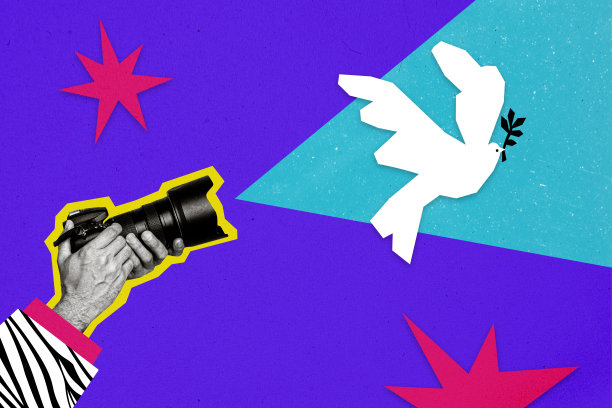 手握相机拍摄的复合照片拼贴，飞翔的鸽子象征和平，携带橄榄枝，背景为涂鸦风格。图片下载