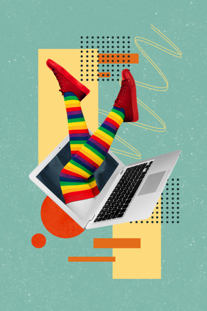 新款MacBook设备的竖版照片拼贴，女性腿部从屏幕中探出，展示彩虹条纹的丝袜，背景为涂鸦风格。图片下载