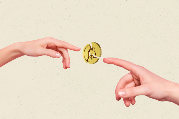 手指伸出触碰破裂的金币，象征着通货膨胀和经济衰退的复合照片拼贴，背景为涂鸦风格。图片下载